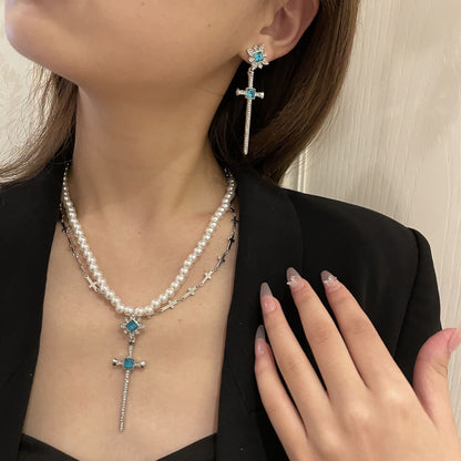 Blue diamond cross silver necklace and earrings「set」